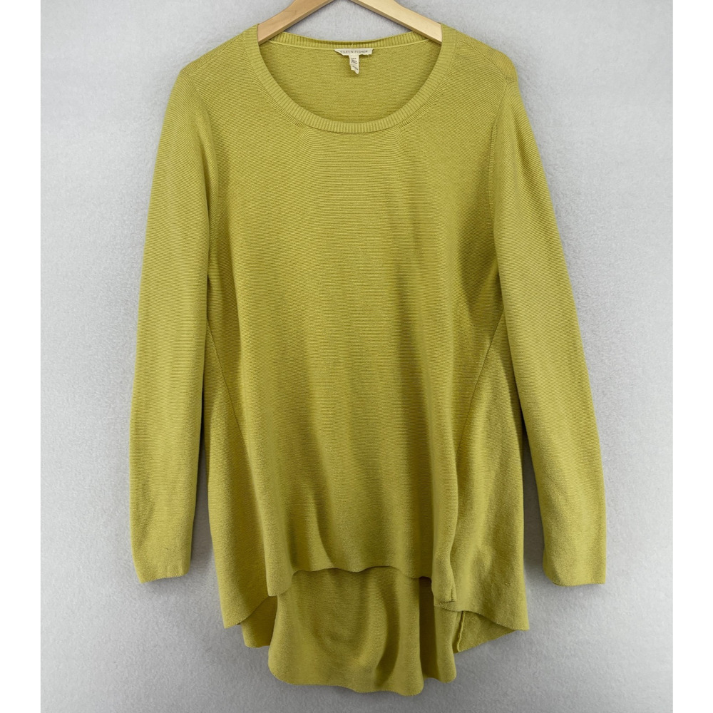 EILEEN FISHER Sweater XL Organic Cotton Tunic High Low Pullover Yellow